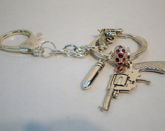 Revolvers lobster clasp links style charm key chain purse/car charm bullet, guns crystal spacer, help save a cat/kitten