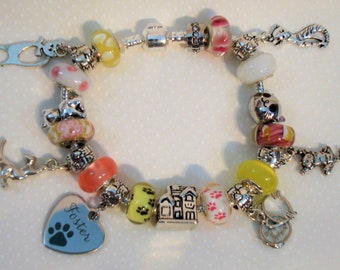 Foster cat home European Murano pink yellow & white beads House Paw prints foster charm bracelet You pick size Help save a cat/kitten