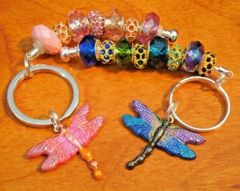 Hand painted dragonfly charm European beads key chain, purse ornament, car charm pink and orange or blues and purples help save a cat/kitten