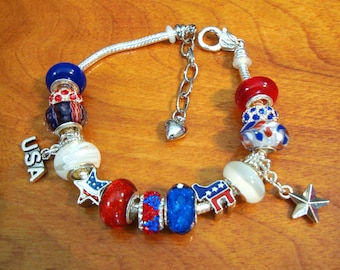 Democratic Party European style charm bracelet beads, USA, Star, Donkey, Crystals you pick chain size Help save a cat/kitten