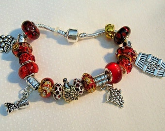 Red Wine European style Murano red beads charm bracelet, gold metal beads, authentic Pugster wine bottle bead, Help save cat/kitten