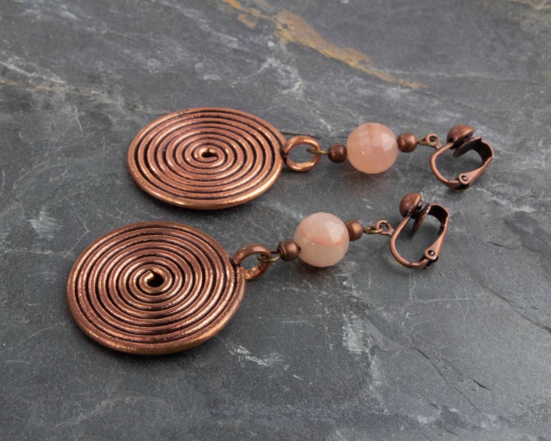 Round Dangle Clip on Earrings or Hook Rustic Coil Jewelry Pink Morganite Gemstone Earrings Earthy Artisan Earrings Large Copper Earrings