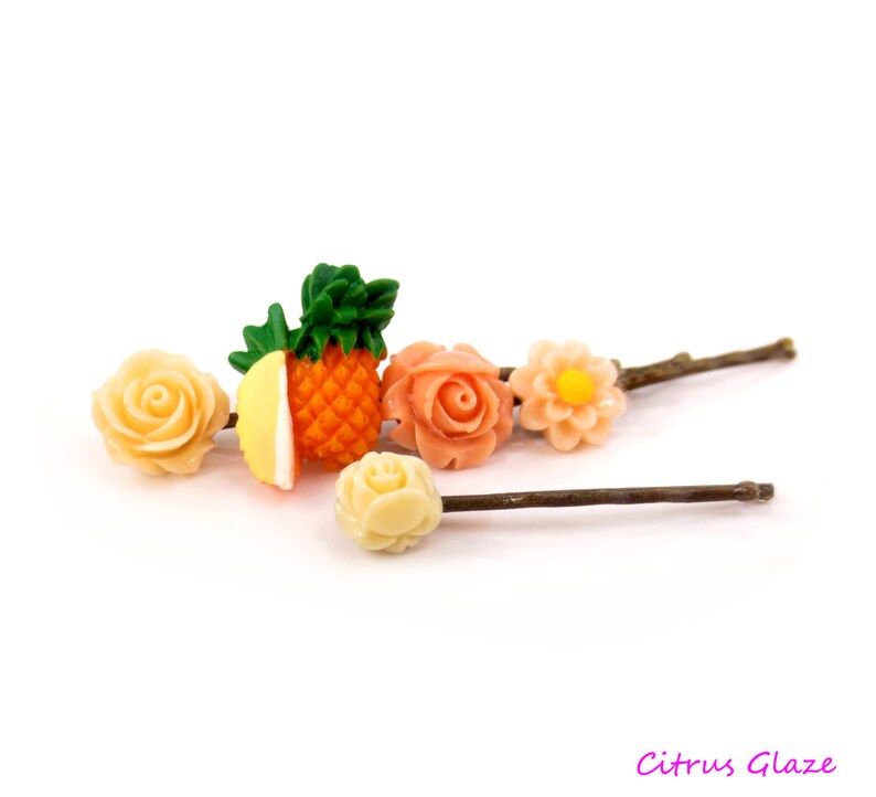 Pumpkin Orange Pale Yellow Flower Cluster Gift Set of Five 5 Floral Bobby Pins Peach Rose Floral Hair Pin Cabochon Accessories