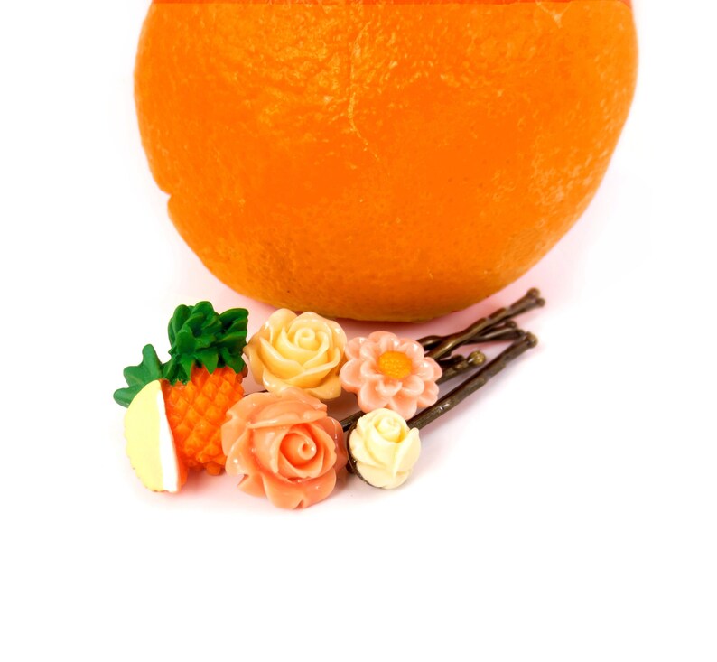 Pumpkin Orange Pale Yellow Flower Cluster Gift Set of Five 5 Floral Bobby Pins Peach Rose Floral Hair Pin Cabochon Accessories