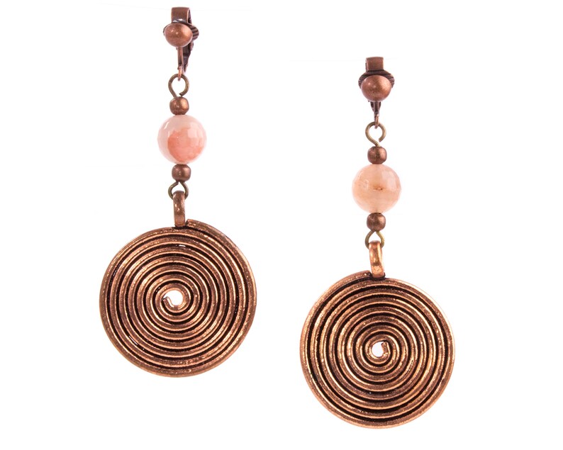 Round Dangle Clip on Earrings or Hook Rustic Coil Jewelry Pink Morganite Gemstone Earrings Earthy Artisan Earrings Large Copper Earrings