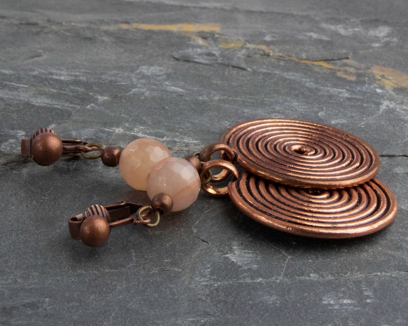 Round Dangle Clip on Earrings or Hook Rustic Coil Jewelry Pink Morganite Gemstone Earrings Earthy Artisan Earrings Large Copper Earrings