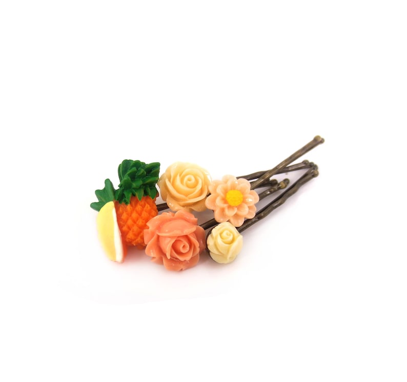 Pumpkin Orange Pale Yellow Flower Cluster Gift Set of Five 5 Floral Bobby Pins Peach Rose Floral Hair Pin Cabochon Accessories