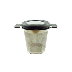 May include: Stainless steel tea infuser with a fine mesh basket and a black silicone lid. The infuser has two small handles for easy removal from a mug or teapot. The design is simple and functional for brewing loose leaf tea.