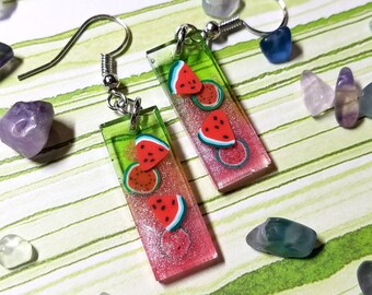 Pink / Green Watermelon Slice dangle earrings with sparkle - aesthetic earrings slice inclusion shapes in resin
