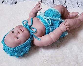 crochet aqua set, baby bloomers bonnet set, bubble bloomers bubble bonnet, knit bonnet crochet bloomers cotton shorts, baby photo prop.0-3ms