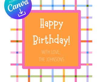 Etichetta regalo di compleanno a quadri colorati per bambini, per la famiglia, modello Canva modificabile, stampabile a casa, solo design digitale.