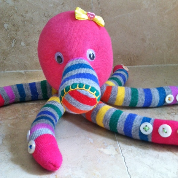 rainbow color octopus stuffed 9" socks doll with buttons and yellow ribbon, squeeze squeak toy doll for baby and child