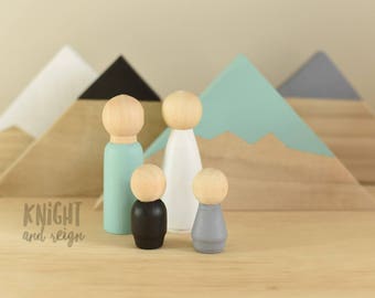 Mint Black White Grey Minimalist Wood Peg Doll Family of Four