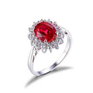 Anillo de plata de ley 925 con rubí rojo creado de 3,2 quilates de la princesa Diana William Kate Middleton, tamaño 7