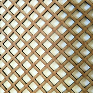 May include: A brown wooden panel with a repeating diamond pattern cut out. The panel is made of wood and has a light brown color.