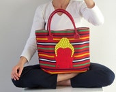 Large Fabric statement Women Purse - Multicolor Stripes Fabric Bag (red, yellow, white, blue, green) Budha felt applique - Madeira Souvenirs