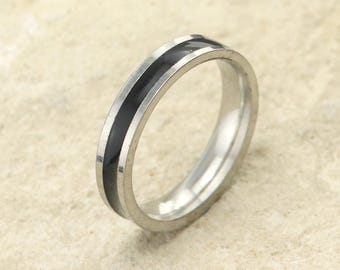 Black Ceramic Ring: Silver Plated Wedding Band