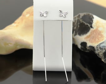 Silver (925) Earrings long drops, stud earrings, dangle chain earrings, sterling silver earrings, drop earrings, go through butterfly studs