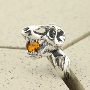Sterling silver natural Baltic amber animal skull ring