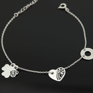 Sterling silver bracelet, chain bracelet, silver bangle, charm bracelet, solid silver bracelet, heart bracelet, simple bracelet, clover char