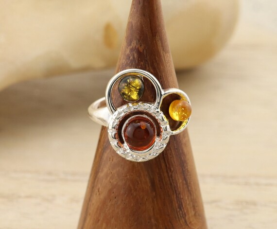 Bague réglable en argent et ambre - PassionAntiquités
