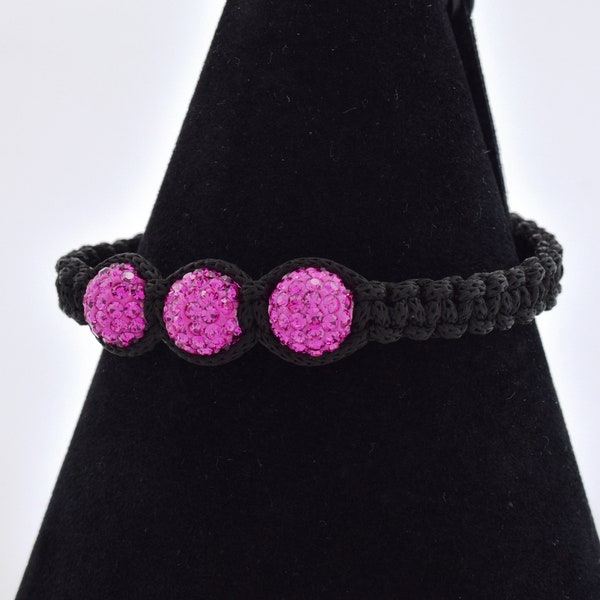 Rope bracelet, three disco balls bracelet, cordon bracelet, Shamballa bracelet, black rope bracelet, pink shiny bracelet, adjustable bangle