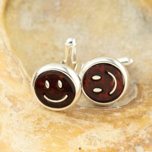 Sterling silver and natural Baltic amber cuff links, cuffs, round cuff links, funny smiley cufflinks