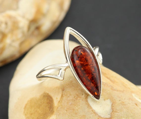 Sterling Silver Baltic Honey Amber Oval Ring - Genuine Natural Amber Jewelry