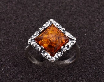 Sterling silver ring with natural honey square Baltic amber