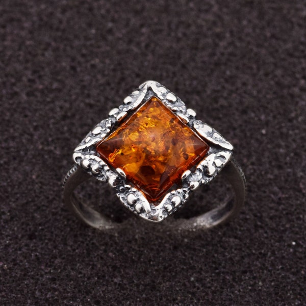 Sterling silver ring with natural Baltic amber, solid silver ring, gemstone ring, genuine amber ring, polish amber ring, amber jewellery