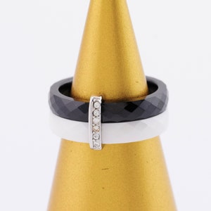 Black and white ceramic rings with zircon, Ceramic Ring, Elegant ring, sterling silver and ceramic ring, ceramic rings, black ceramic rings