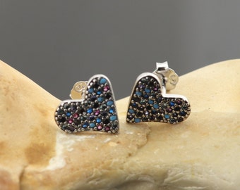 Silver (925) Earrings multicolour colored zircon, stud earrings, gemstone earrings, sterling silver earrings, heart earrings, zircon earring