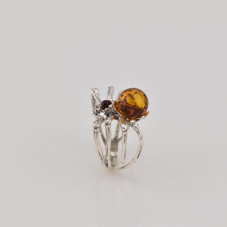 spider shape sterling silver ring with natural Baltic amber amber ball ring amber jewelery midi ring gemstone ring animal ring