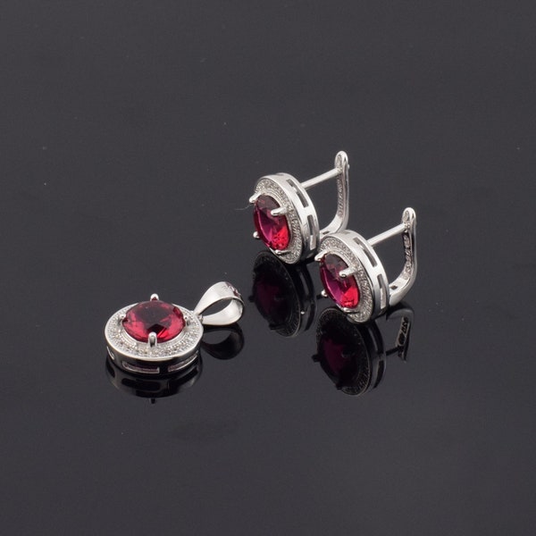Ensemble de boucles d’oreilles et pendentif en argent sterling avec pierre précieuse zircon de couleur rubis, boucles d’oreilles et pendentif, boucles d’oreilles en pierre précieuse et pendentif