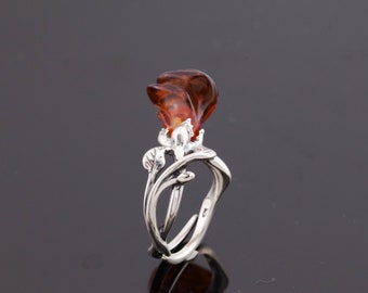 Sterling silver and natural Baltic amber ring, honey amber ring, natural amber flower ring, sterling silver ring, silver amber rose ring