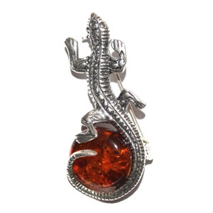 Sterling silver and natural Baltic amber lizard brooch