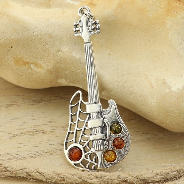 Broche en argent sterling avec ambre baltique naturel, pendentif en argent sterling avec ambre baltique naturel, pendentif ambre, broche guitare ambre