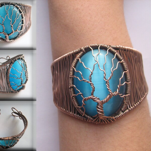 Tree of Life Wire-Wrapped Bracelet with turquoise "cat's eye" stone oxydized copper