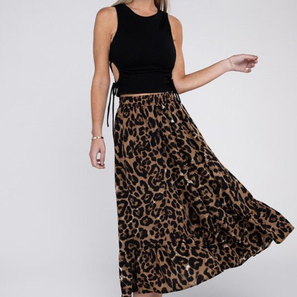 Leopard Pattern Maxi Skirt Summer High Waist Maxi Sun Dress Leopard Print Skirt