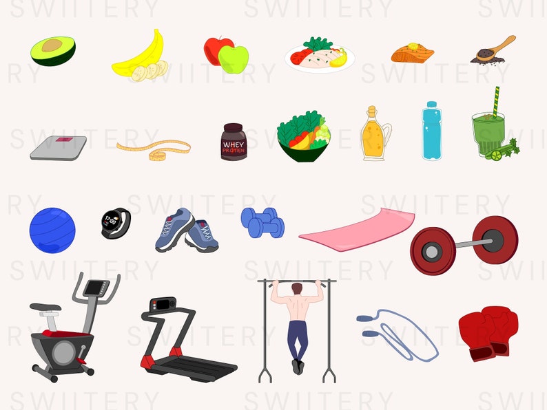 Diet and Fitness Clipart Set PNG, Healthcare and Exercise Illustration ...