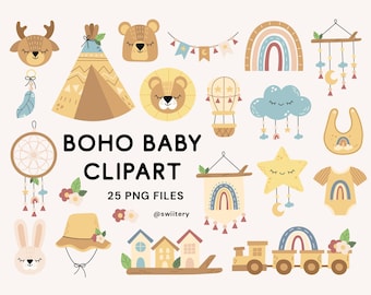 Boho Baby Clipart Set PNG, Nursery Baby Shower Illustration | Digital Instant Download