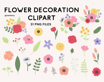 Floral Decoration Clipart Set PNG, Flower And Leaf Illustration | Digital Instant Download