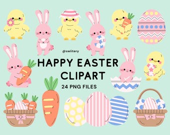 Happy Easter Clipart Set PNG, Cute Bunny, Chick, Eggs Illustration | Digital Instant Download
