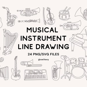 Musical Instrument Line Drawing Clipart PNG SVG | Minimal Line Art For Wall Decor | Music Sound Doodle illustration | Instant Download