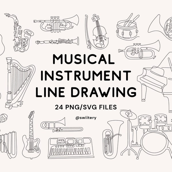 Musical Instrument Line Drawing Clipart PNG SVG | Minimal Line Art For Wall Decor | Music Sound Doodle illustration | Instant Download