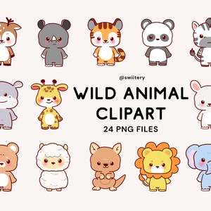 Clipart d’animaux sauvages PNG | Mignon Cartoon Safari Animal Graphics pour les enfants | Girafe Lion Éléphant Hibou tigre | Téléchargement instantané numérique