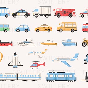 May include: A set of colourful illustrations of various vehicles, including a bus, police car, lorry, fire engine, ambulance, taxi, school bus, tram, submarine, yacht, speedboat, motorbike, hot air balloon, spaceship, helicopter, aeroplane, scooter, train, and forklift.