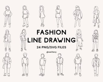 Fashion Line Zeichnung Clipart PNG SVG | Minimalistische Line Art für Wanddekoration | Frauen Männer Doodle Illustration | Digitaler Sofort-Download