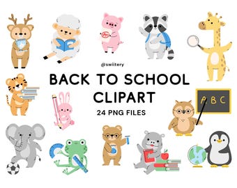 Cute Animal Back To School Clipart Set PNG | Kids Cartoon Characters, Students, Study, Education | Digital Instant Download