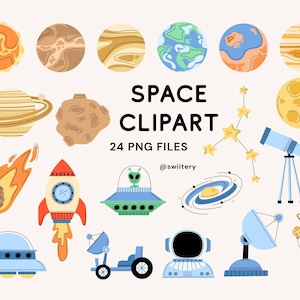 Zestaw clipartów kosmicznych PNG, ilustracja wszechświata i astronomii | Cyfrowe natychmiastowe pobieranie
